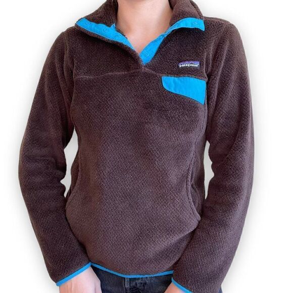 Patagonia Womens Brown Fleece Blue Trim Snap Pullover Sweatshirt Sz XS - Picture 1 of 8